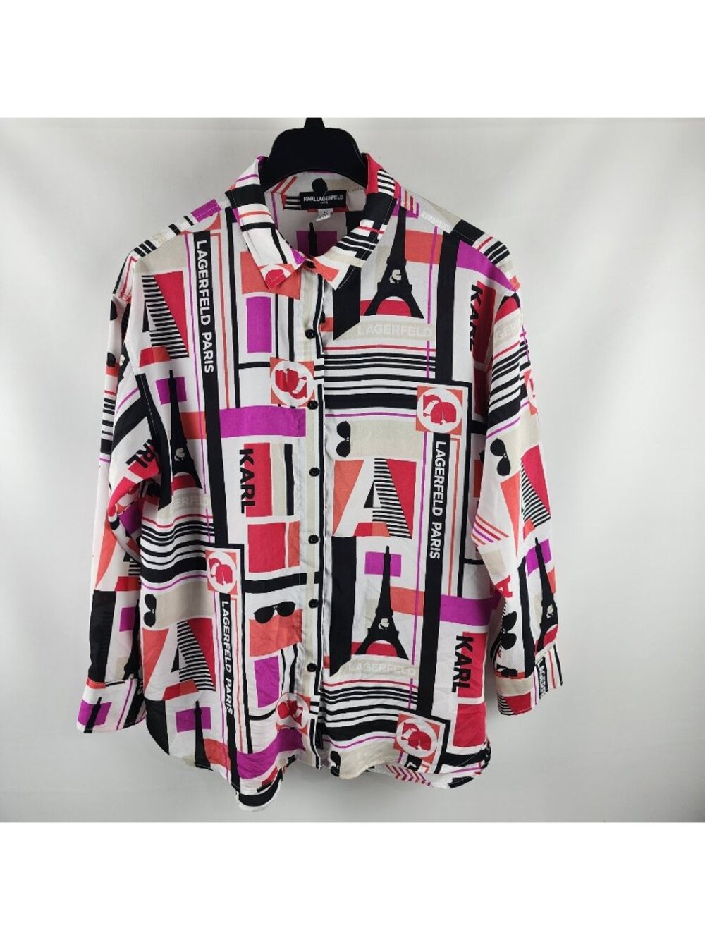 KARL LAGERFELD Shirt Women L Multi Paris Collared Button Pop Art Graphic Print